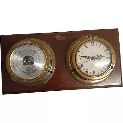 Vintage Brass Ships Barometer And Clock On Wooden Plaque • £13.50