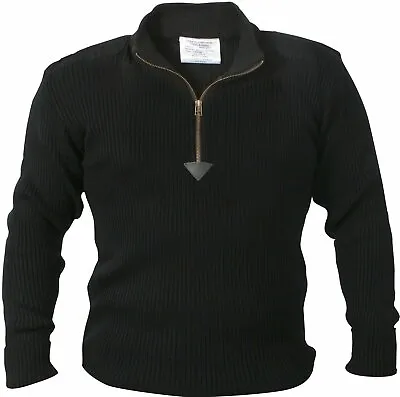 Black Acrylic Commando Military Quarter Zip Sweater With Suede Patches • $51.99