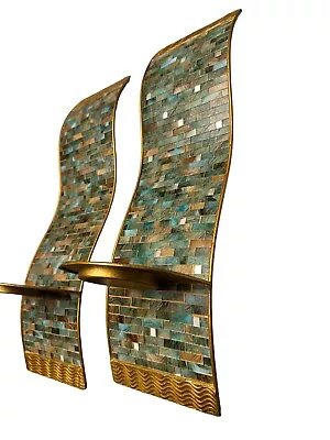 Pier 1 Turquoise Mosaic Tile Wave Wall Set Of 2 Sconce Pillar Candle Holder 20” • $48