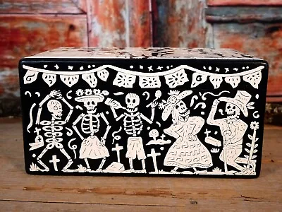 Day Of The Dead Lacquer Lg Box Skeletons Fiesta Handmade Olinalá Mexico Folk Art • $178