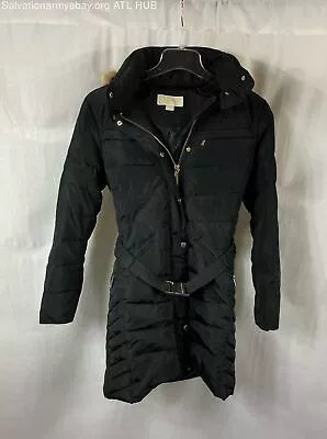 Michael Kors Black Hooded W/ Faux Fur Trim 3/4 Coat W/belt(S) • $9.99