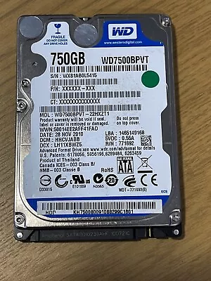 Western Digital 750GB 2.5  Laptop SATA Hard Disk Drive WD7500BPVT • £12.50