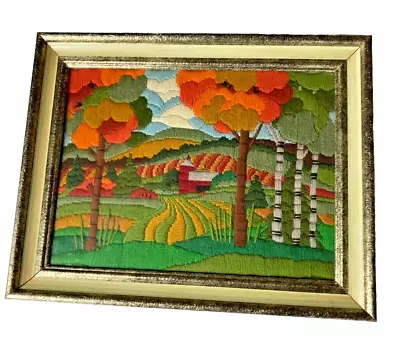 Crewel Embroidered Countryside Fall  Farm Scene  Picture Framed Art 17” X20' • $75.50