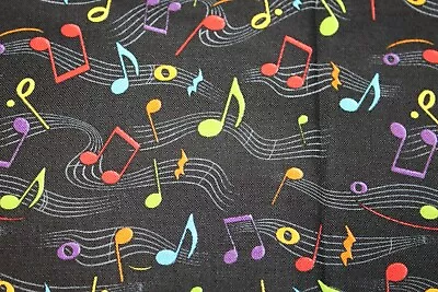 Sewing Fabric Quilt Cotton 44  X 1/2 Yd Bright Multicolored Music Notes On Black • $6.99