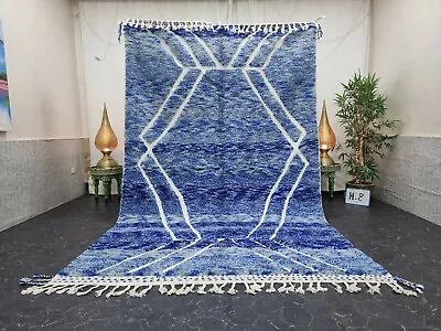 Moroccan Handmade Beni Ourain Rug 6'4''x10'8''Berber Geometric Blue White Carpet • $777.60