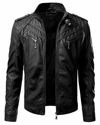 Men's Fashion Real Sheep Leather Full Collard Vintage Black Soft Leather Jacket • $36.06