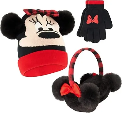 Disney Minnie Mouse Winter Hat Earmuffs And Kids Gloves Set Girls Ages 4-7 • $25.99