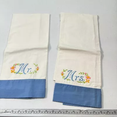 Vintage Handmade Pillowcase Pair Embroidered Mr Mrs Wedding Shabby 1182-9 • £26.99