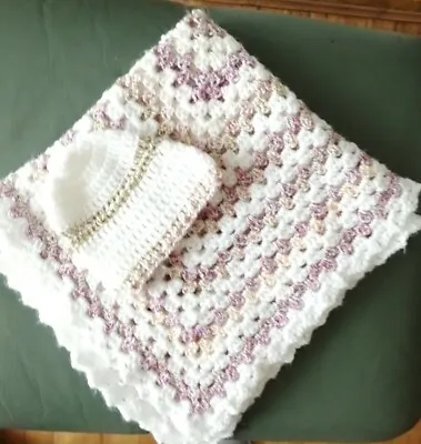 New Hand Crochet Baby Pram/Crib/Moses Blanket Multi Purpose With Free Hat. L@@K! • £19.95