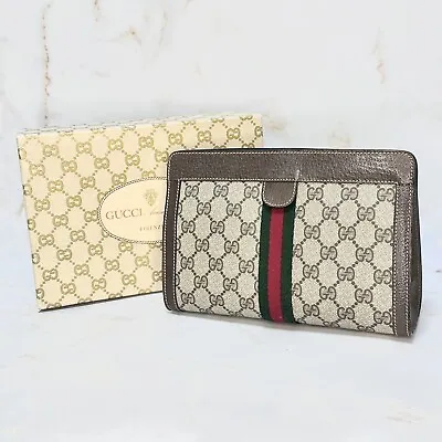 Vintage GUCCI GG Supreme Clutch Bag Purse Sherry Line Brown With Box Authentic • $299.99