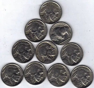 Count Of Ten Circulated Buffalo Nickels 1913 To 1938 Fine • $16.67