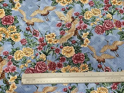 4.5 Metres Printed 100% Cotton Premium Craft Fabric Japanese Storks And Flowers • £21.90