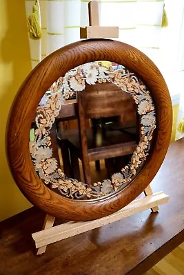 Vtg Floral Etched Wall Mirror W/ Oak Wood Frame Round Large 17  Diameter Cottage • $98.50