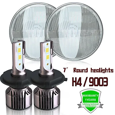 7  Stock Glass Lens Metal Headlight 12-Volt 6k LED H4 Light Bulb Headlamp Pair • $116.46