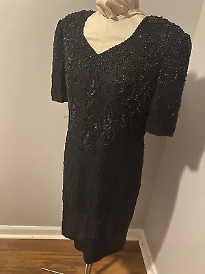 Mark & John By Gopal VTG 100% Silk Beaded Evening Sequin Formal Dress Black L • $26