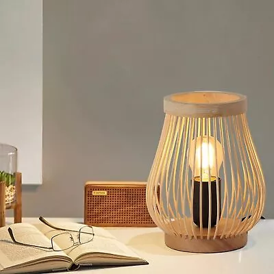 Wood Boho Small Table Lamp Bamboo Lampshade E26 Socket Modern Farmhouse...  • $36.76