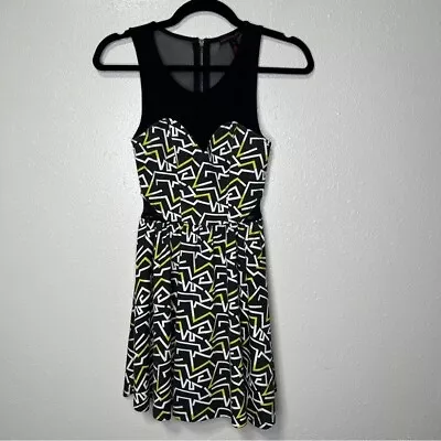 Material Girl Skater Dress Neon Geometric Pattern Mesh Detail Cutout Sides XS • $10.80