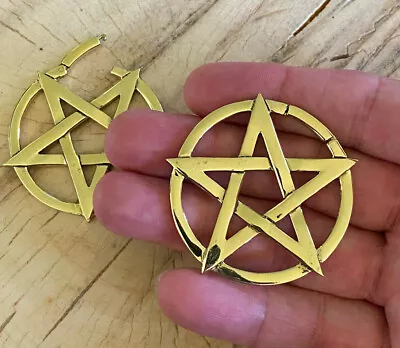 PAIR 6G (4mm) BIG PENTAGRAM HOOPS HINGED BRASS EAR WEIGHTS PLUGS TUNNELS  • $59.24