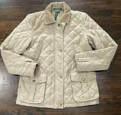 Polo Ralph Lauren Diamond Quilted Jacket Women Sz M Corduroy Neck & Shoulder Tan • £41.43