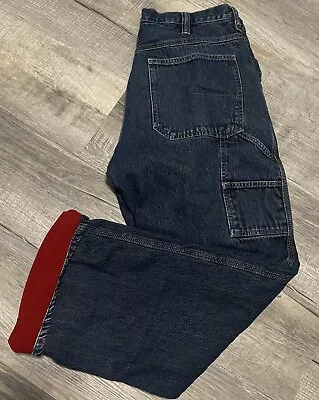 Faded Glory Carpenter Jeans 34x32 Red Fleece Lined Winter Blue Denim Vintage • $17.95