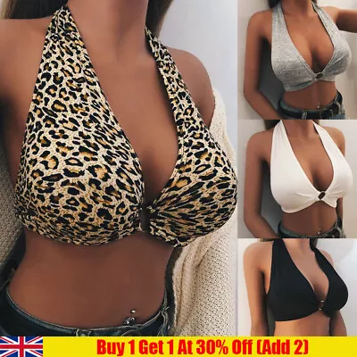 £4.99 • Buy Women Halter Neck Sexy Vest Crop Top Leopard Bralette Bandage Bra Tank Cami *