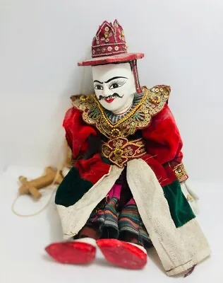 Vintage Wooden Burmese Puppet With Original Strings Red Gold Outfit Good Cond • £54.99
