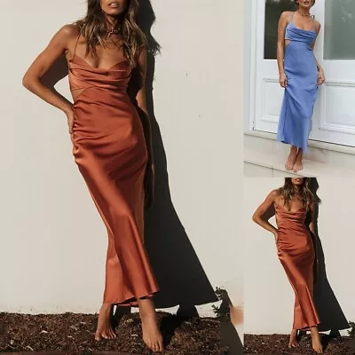 13) Light Blue Sexy Satin CutOut Cowl Neck Maxi Dress Backless Evening Dress • £21.82