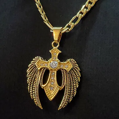 Mens Stainless Steel Gold Tone Angel Wing Celtic Cross Pendant Chain Necklace • $19