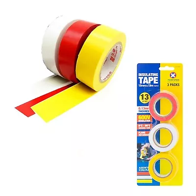 3 Roll ELECTRICAL PVC INSULATION INSULATING TAPE FLAME RETARDANT 15mm X 3m Color • £4.99