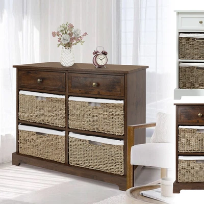 $116.99 • Buy 6 Drawer Dresser Wood Storage Cabinet W/ 4 Woven Drawers Home Bedroom Furniture 