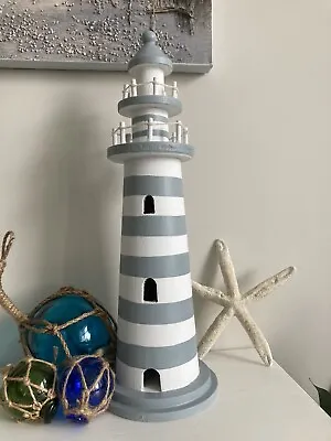 Grey & White Striped Wooden Lighthouse Home Decor Nautical Coastal Gift • £12.99