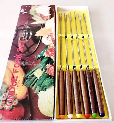 Vintage 6 Pc. MCM Stainless Fondue Fork Set Wood Handles Color Coded In Box • $12