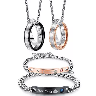 His Queen Her King Bracelets Interlocking Ring Pendant Matching Couples Necklace • $9.99