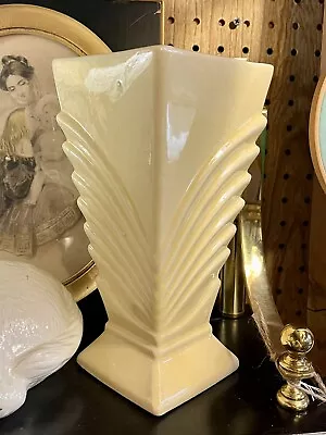 1940s Vintage McCoy Pottery Vase Pastel Yellow 9  Art Deco Square Crazing • $29.99