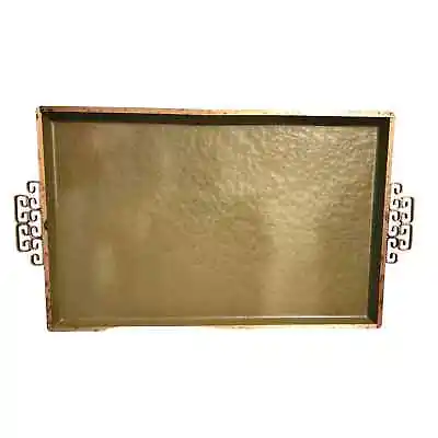 Vintage Kyes Moire Glaze Green Enamel Glaze Tray Gold Handles Mid-Century Modern • $27.97