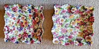 £12.99 • Buy VINTAGE CHINTZ 1940s FENTON 'DU BARRY' PAIR SQUARE FLUTED DISHES JAMES KENT LTD