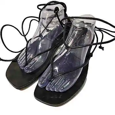Zara Ankle Wrap Gladiator Leather Sandals 41 10 Black Flats Shoes • $34.95