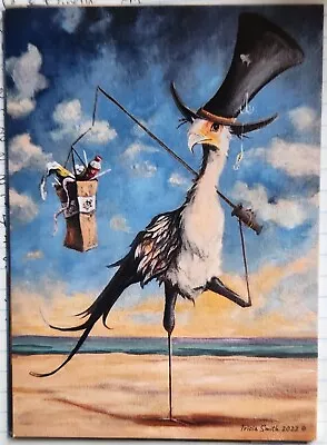 PRINT~Steampunk Secretary BIRD~~Whimsical~ART~5  X 7 ~Tophat~Picking Up Trash  • $6