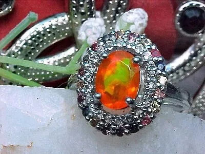 🔥 NATURAL MEXICAN FIRE OPAL RING AAA+ 8x6mm & MULTI SAPP 925 SS/14K WHITE GOLD • $36.99