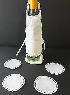 Linen Coasters & Wine Bottle Apron Set White Ready To Embroidery Monogram Blanks • $9.99