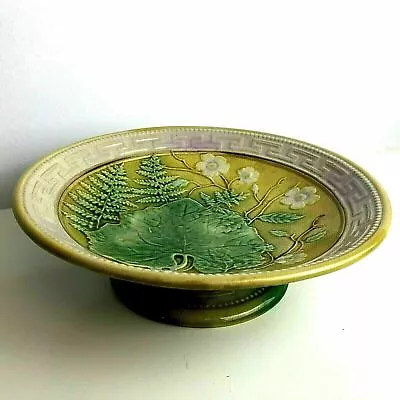 Antique 19th C Majolica Greek Key Leaf Fern & Cherry Compote Tazza • $225