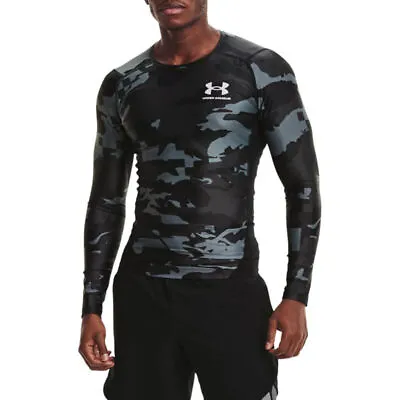 Under Armour Compression Top Mens UA Iso Chill Printed Black Long Sleeved Sports • £29.99