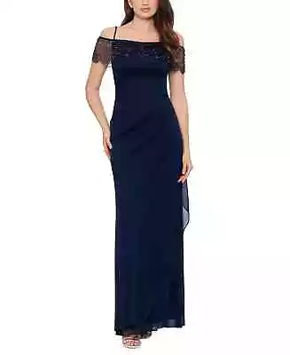 XSCAPE Dress 16 Navy Blue Beaded Cape Off The Shoulder Ruched NWT $149 • £54.20