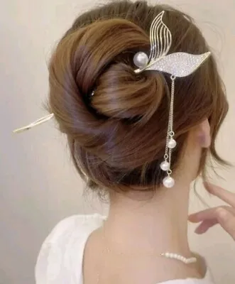 Gold  Mermaid Fishtail Hair Sticks Hairpin Styling Hair Vintage Faux Pearls • $8.59