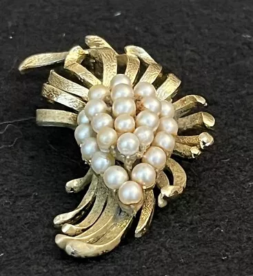 Vintage Gold And Multi Pearl Leaf Brooch • $28