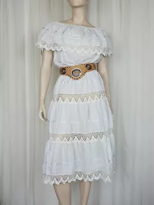 Vintage Mexican Wedding White Cotton Summer Dress S/M • $58.87