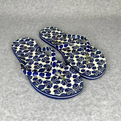 Vera Bradley Womens Flip Flops L 9-10 Shoes Blue White Floral Thongs • $12.99