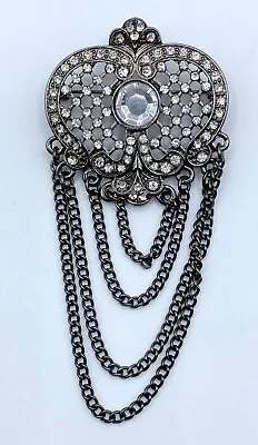 C6-1075 Vintage Brooch Silver Pin 2  Crystal Crown Black Enamel Chain • $4.99