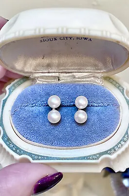 Beautiful Vintage 14 Kt. White Gold Double White Round Pearl Stud Earrings • $138