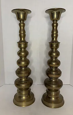 SOLID Brass Candlestick Pair 18x5 Candle Holders Hong Kong Altar Wedding Vintage • $89.99